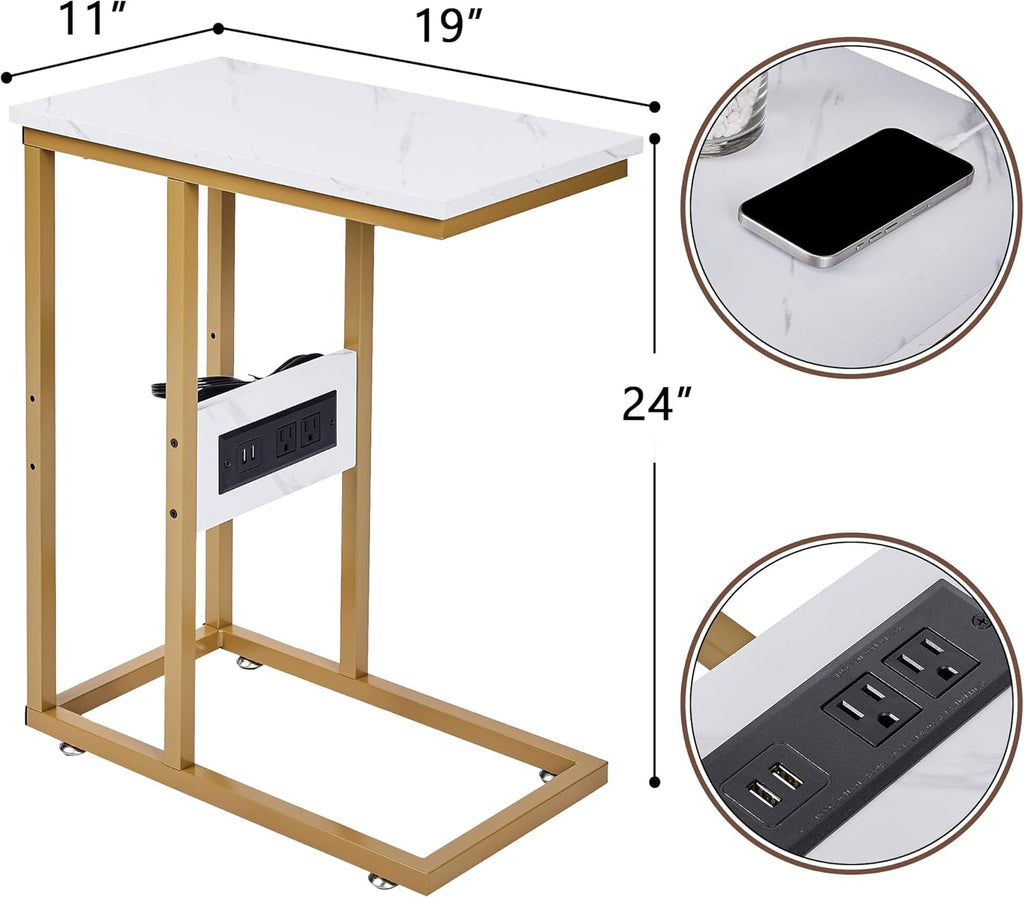 VECELO C-Shaped End Side Table Set of 2, with Charging Station & Two USB Ports and Outlets for Living Room, Bedroom, with Adjustable Feet for Couch/Sofa, Bedside, Small Spaces， Gold