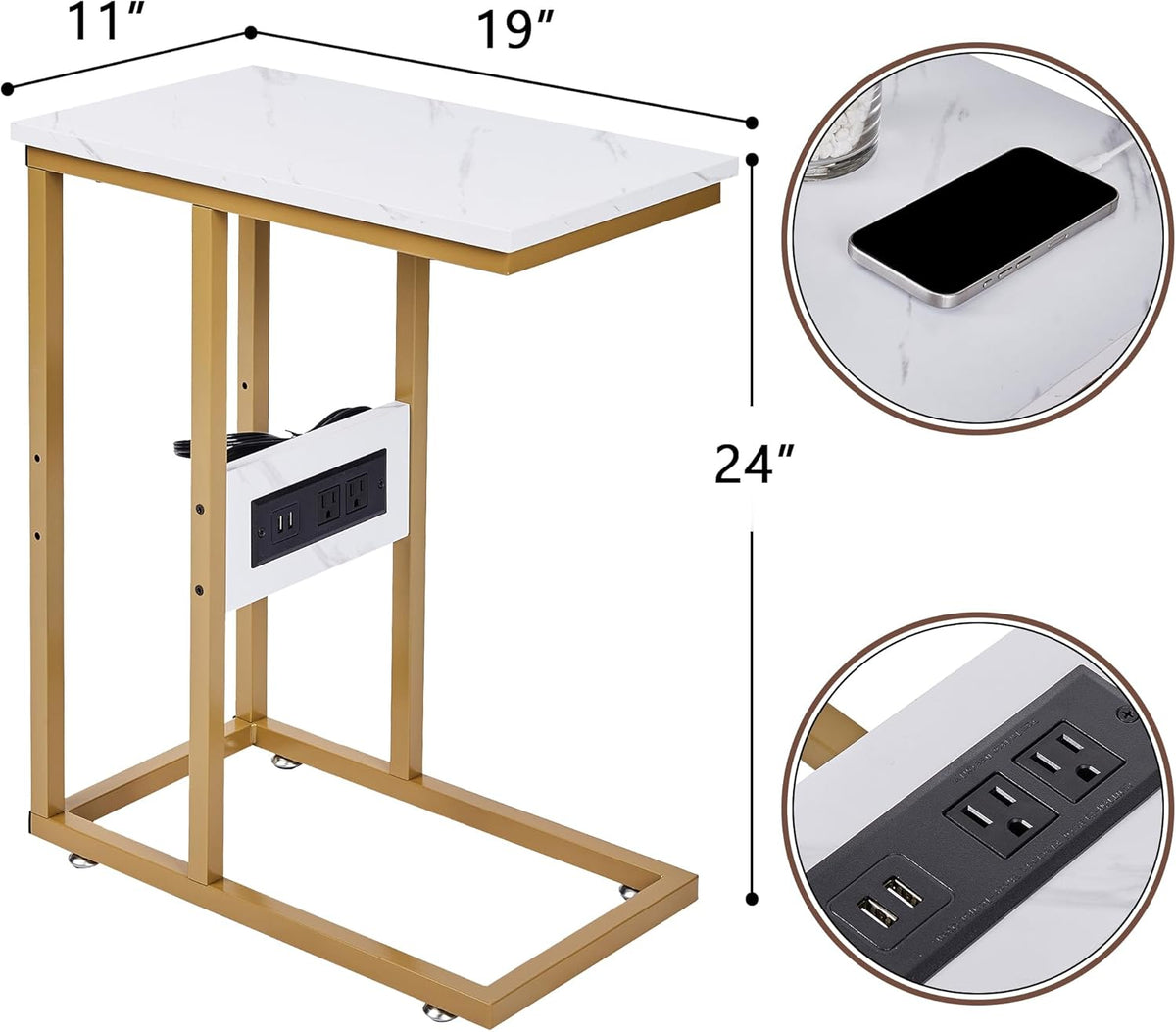 VECELO C-Shaped End Side Table Set of 2, with Charging Station & Two USB Ports and Outlets for Living Room, Bedroom, with Adjustable Feet for Couch/Sofa, Bedside, Small Spaces， Gold