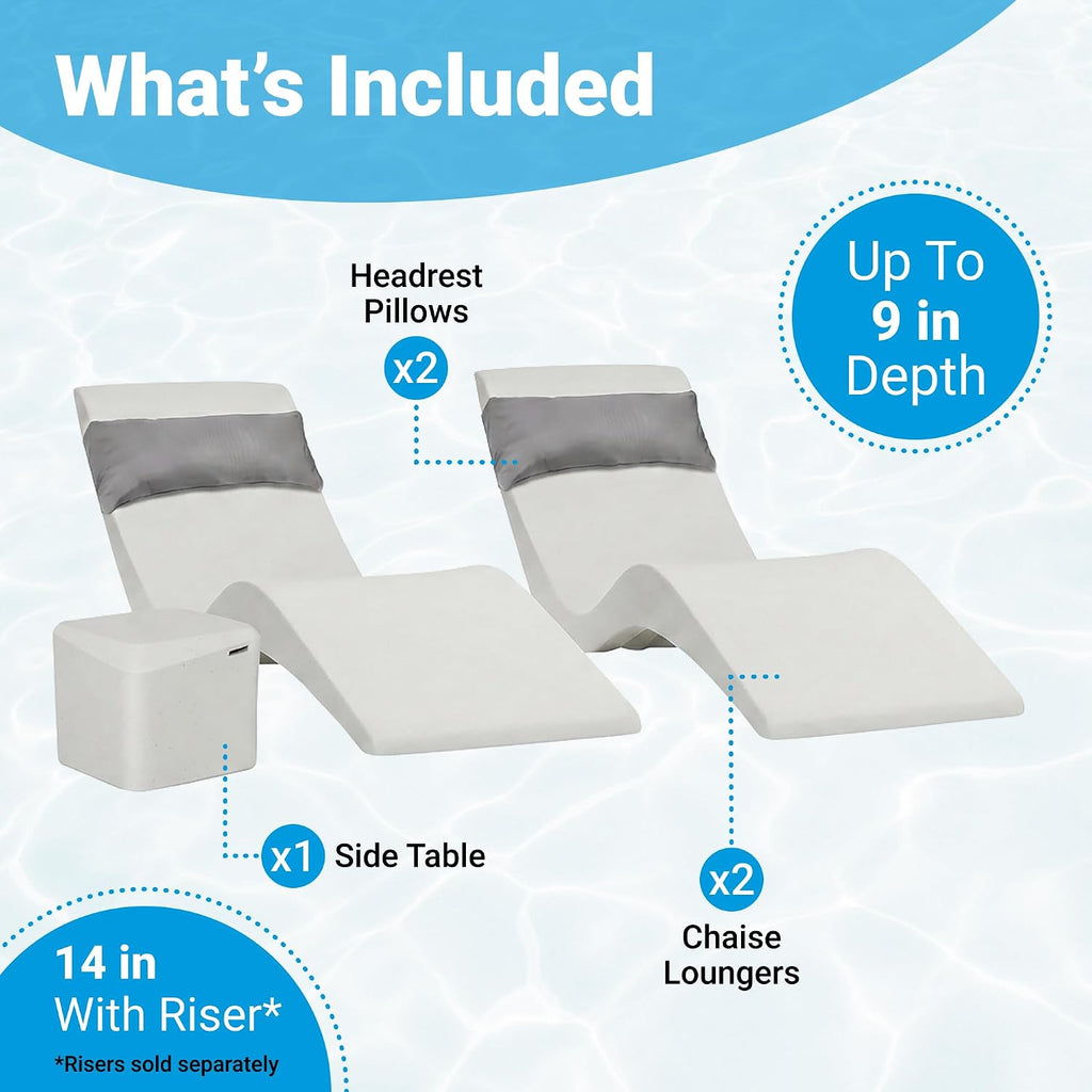 Aqua Outdoors Pool Lounge Chairs, 2 Chaises, Table, 9-in Water Depth | Pool Chairs For In Pool, Pool Chaise Lounge Chairs, 2 Headrest Pillows, Sun Shelf, Pool Lounger