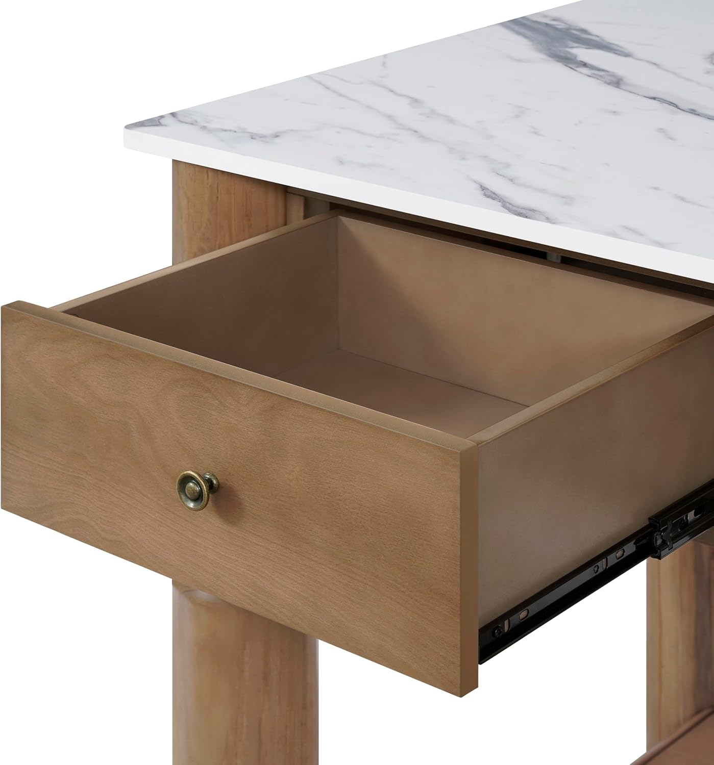 Christopher Knight Home Athen Wooden Kitchen Island with Storage & Marble-Look Tabletop, Island Table for Kitchen, Turned Ball Legs, Storage Cabinet with Drawers + Open Shelf, Walnut + White