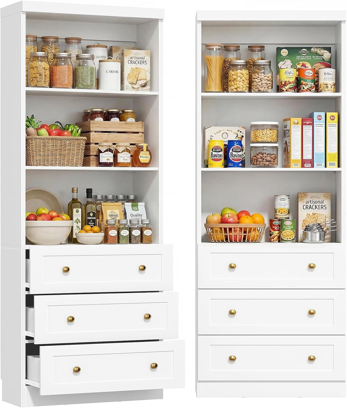 Cyclysio 80" Kitchen Pantry Cabinet with 3 Drawers, Tall Storage Cabinet Wood Food Pantry with Thickened Top Panel and Adjustable Shelves, Versatile Cupboard for Kitchen, Dining Room, White