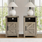 Farmhouse Nightstand Set of 2, Bedside Table with Charging Station, Night Stand with Barn Door, Grey End Table Sofa Side, Nightstand Storage for Bedroom Living Room, Grey