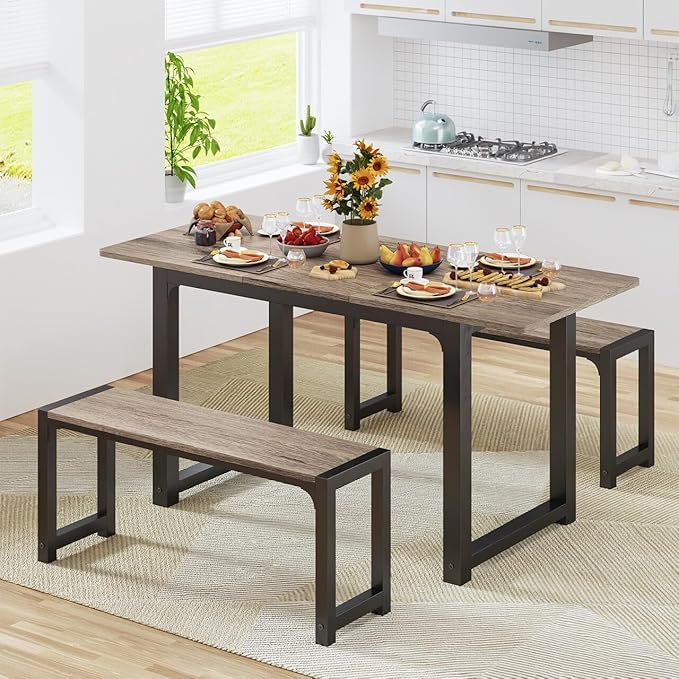 Gizoon 63” Kitchen Table Sets with 2 Benches Extendable Dining Table Set for Small Spaces Dining Room Table 4 Set Chairs for Kitchen Apartment Outdoor and Home Office, Gray