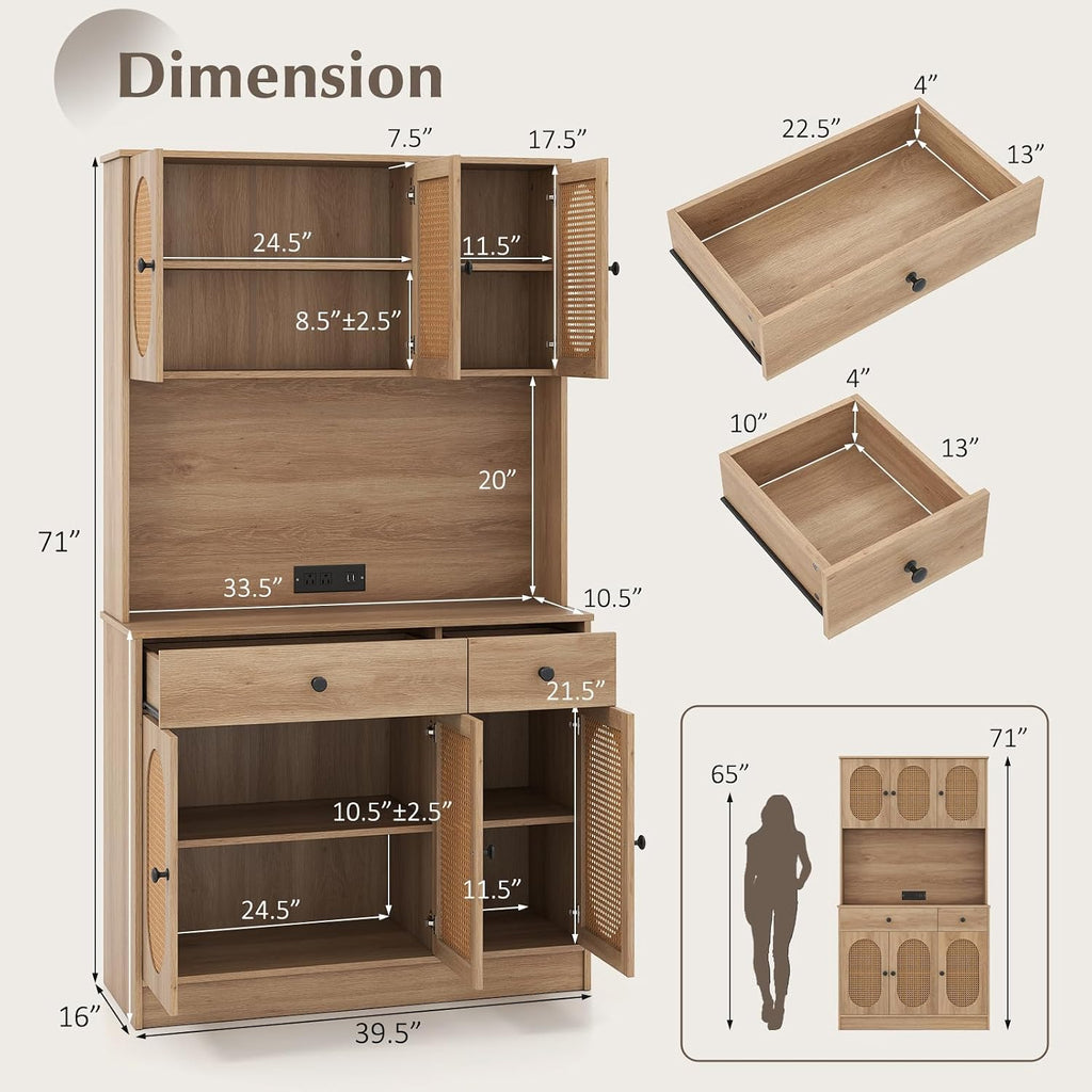 GOFLAME Kitchen Pantry Cabinet with Charging Station, 71" Tall Freestanding Kitchen Buffet with Hutch, Drawers and PE Rattan Doors, Boho Sideboard Buffet Cabinet, Natural
