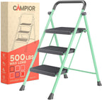 Green 3 Step Stool Foldable – Heavy-Duty Foldable Step Stool for Adults, 500 lbs Capacity, Anti-Slip Feet & Wide Steps, Sturdy Steel Frame, Lightweight & Space-Saving Design for Home, Kitchen & Garage