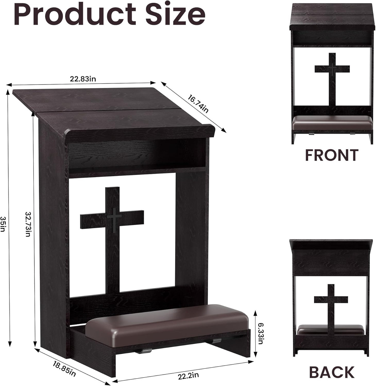 Foldable Prayer Kneeler, Wooden Prayer Bench with Storage Shelf, Cushion Pad, Rounded Corner Bookend and Customizable Cross Decoration, Reinforced Steel Tube Base Design (Dark Brown)