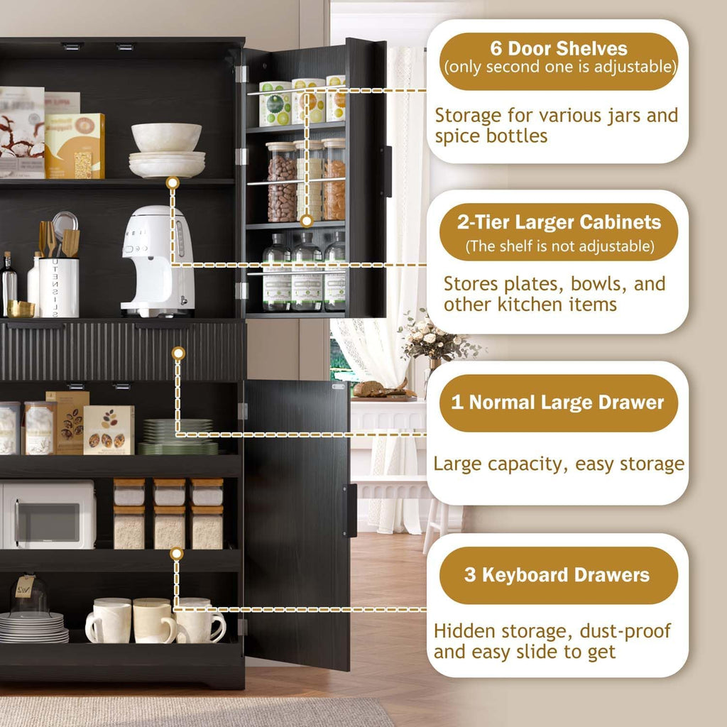 72" Fluted Kitchen Pantry Cabinet with Anti-Tip Safety, Free Standing Versatile Storage Cabinet with Drawers and Adjustable Shelves for Kitchen, Living Room, Dining, Office (Black)