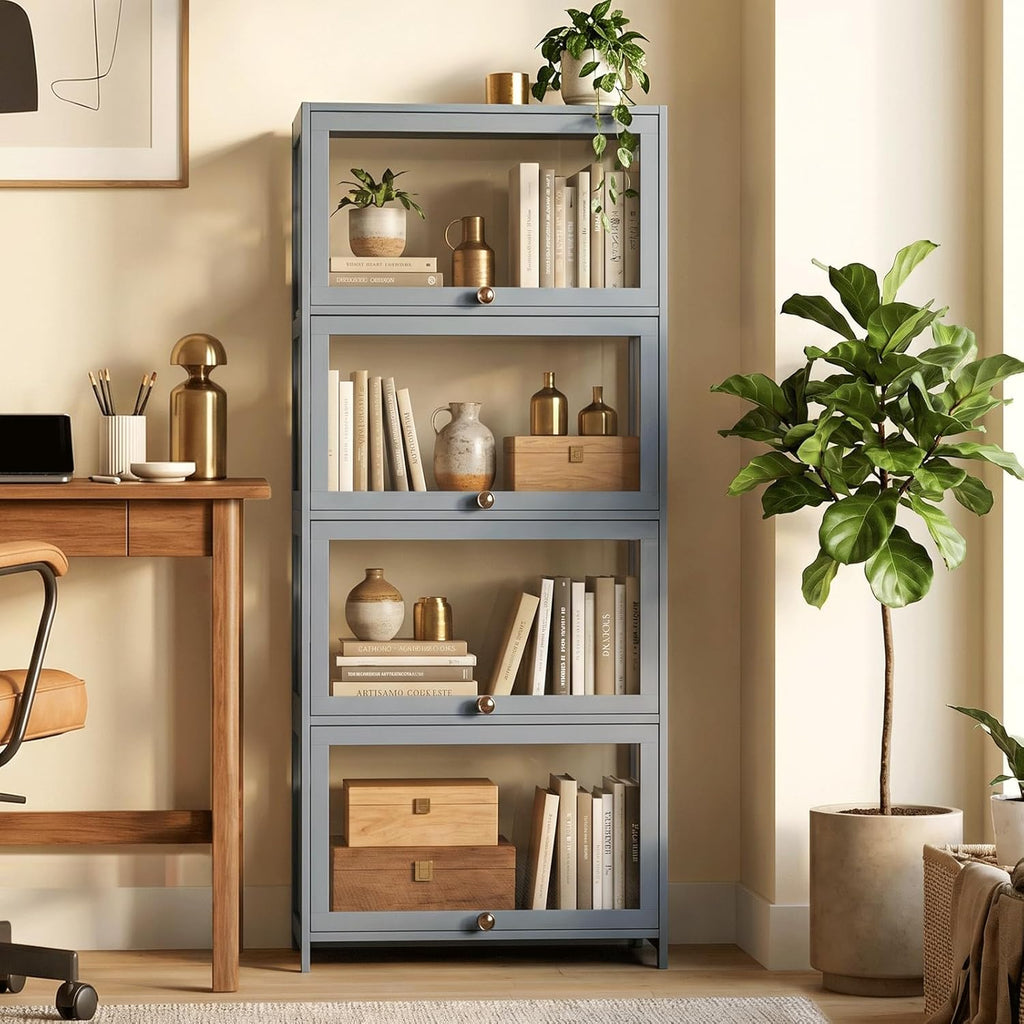 Magshion Display Cabinet, 4-Tier Curio Cabinet with Acrylic Doors | 55" Tall, 33Lbs per Shelf, Flip-up Door w/ Hidden Recess, for Collectibles, Living Room, Grey