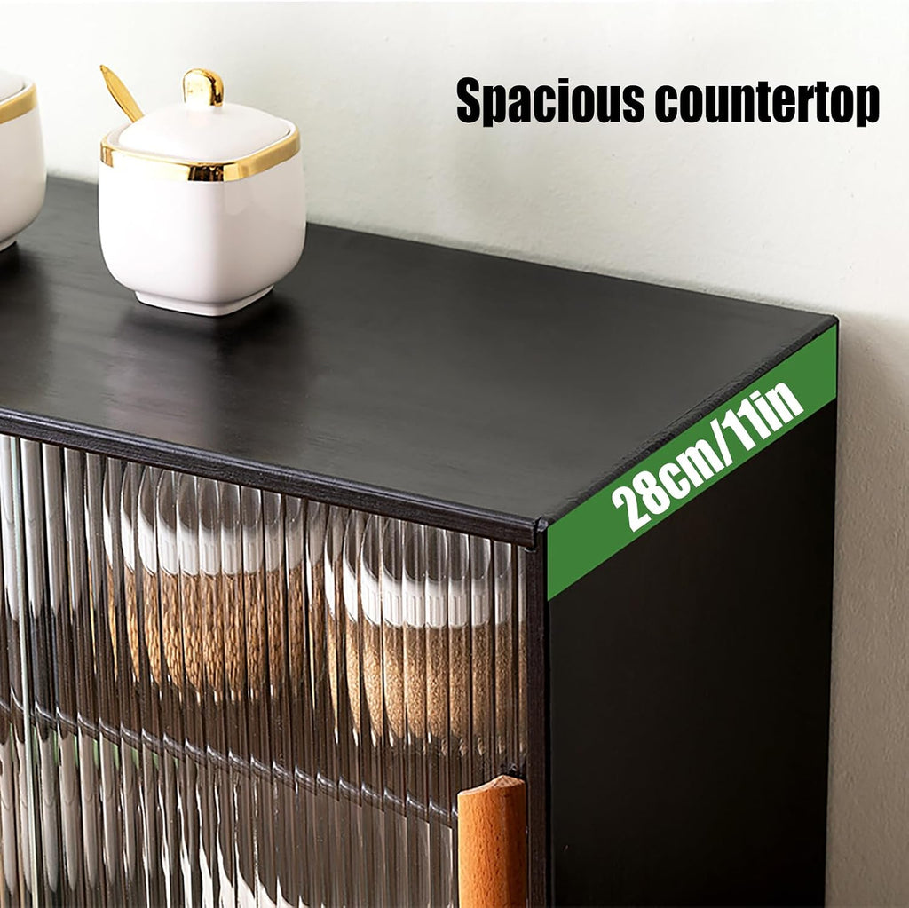 Countertop Storage Cabinet with 2 Sliding Striped Glass Doors, Freestanding Kitchen Bamboo Pantry Sideboard with Adjustable Shelf, Black Utility Cupboard for Home Bar, Coffee Bar