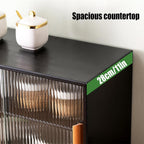3 Tier Kitchen Pantry Storage Cabinet with with 2 Sliding Striped Glass Doors Console Dining Cupboard Modern Freestanding Bamboo Sideboard for Dining Room Kitchen Black (21.6x11x18.1inch)