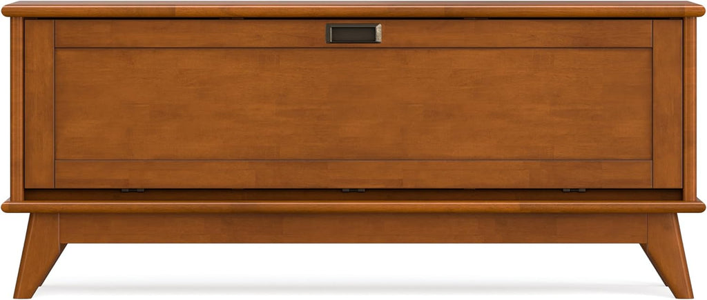 SIMPLIHOME Draper Storage Bench - 44 inch Wide Solid Wood Entryway Bench in Teak Brown, Mid Century Hallway Bench for Living Room with Flip-Down Door and 3 Cubbies