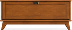 SIMPLIHOME Draper Storage Bench - 44 inch Wide Solid Wood Entryway Bench in Teak Brown, Mid Century Hallway Bench for Living Room with Flip-Down Door and 3 Cubbies