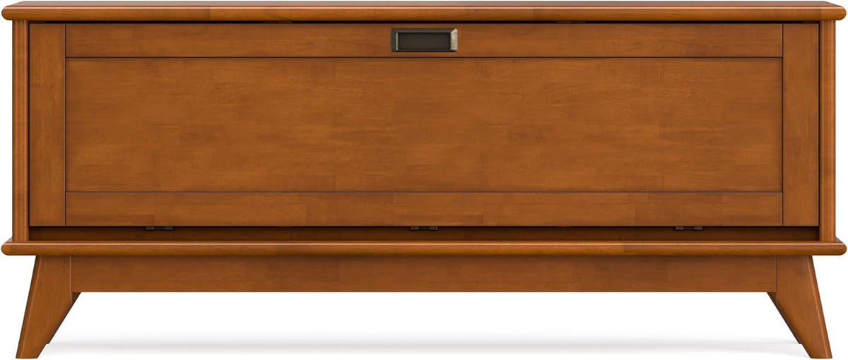 SIMPLIHOME Draper Storage Bench - 44 inch Wide Solid Wood Entryway Bench in Teak Brown, Mid Century Hallway Bench for Living Room with Flip-Down Door and 3 Cubbies