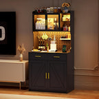 LED Kitchen Pantry Cabinet with Outlets, Farmhouse Storage Cabinet with Drawers & Adjustable Shelves, 64" Tall Cupboard with Pegboard & Hooks for Dining Room (Black)