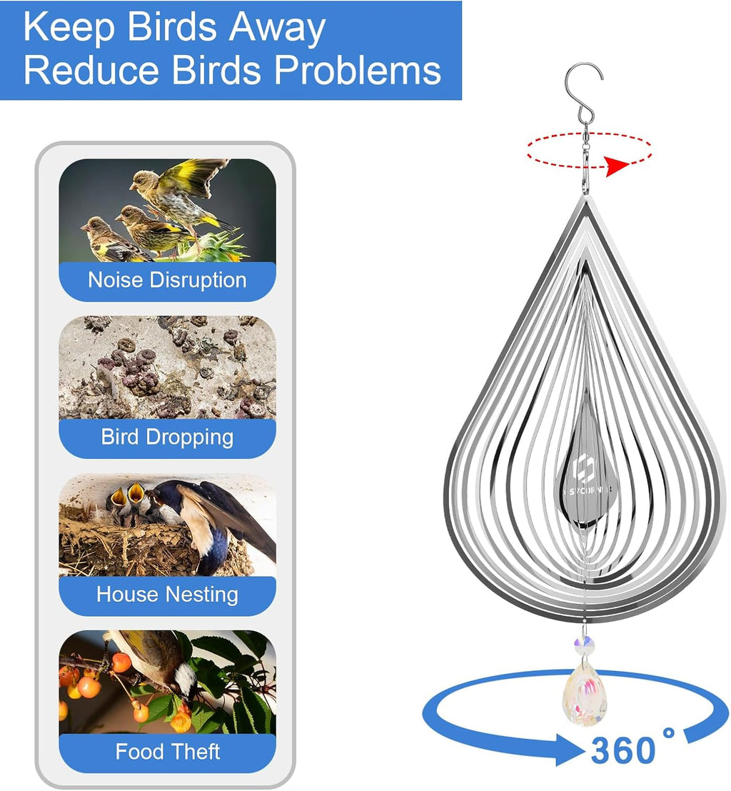 3D Wind Spinners Outdoor Flowing-Light Effect Metal Garden Decor, Highly Reflective Bird Deterrents for Outside, Mirrored Wind Sculptures to Scare Birds Away from Yard Patio Farm (Water-Drop-Silver)