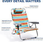 PASAMIC Backpack Beach Chairs for Adults 2 Pack Portable, Lay Flat Reclining Beach Chairs with 5 Positions, Tall Heavy Duty Folding Chair with Cup Holder, Cooler Pouch, Towel Bar, Multicolor Stripe