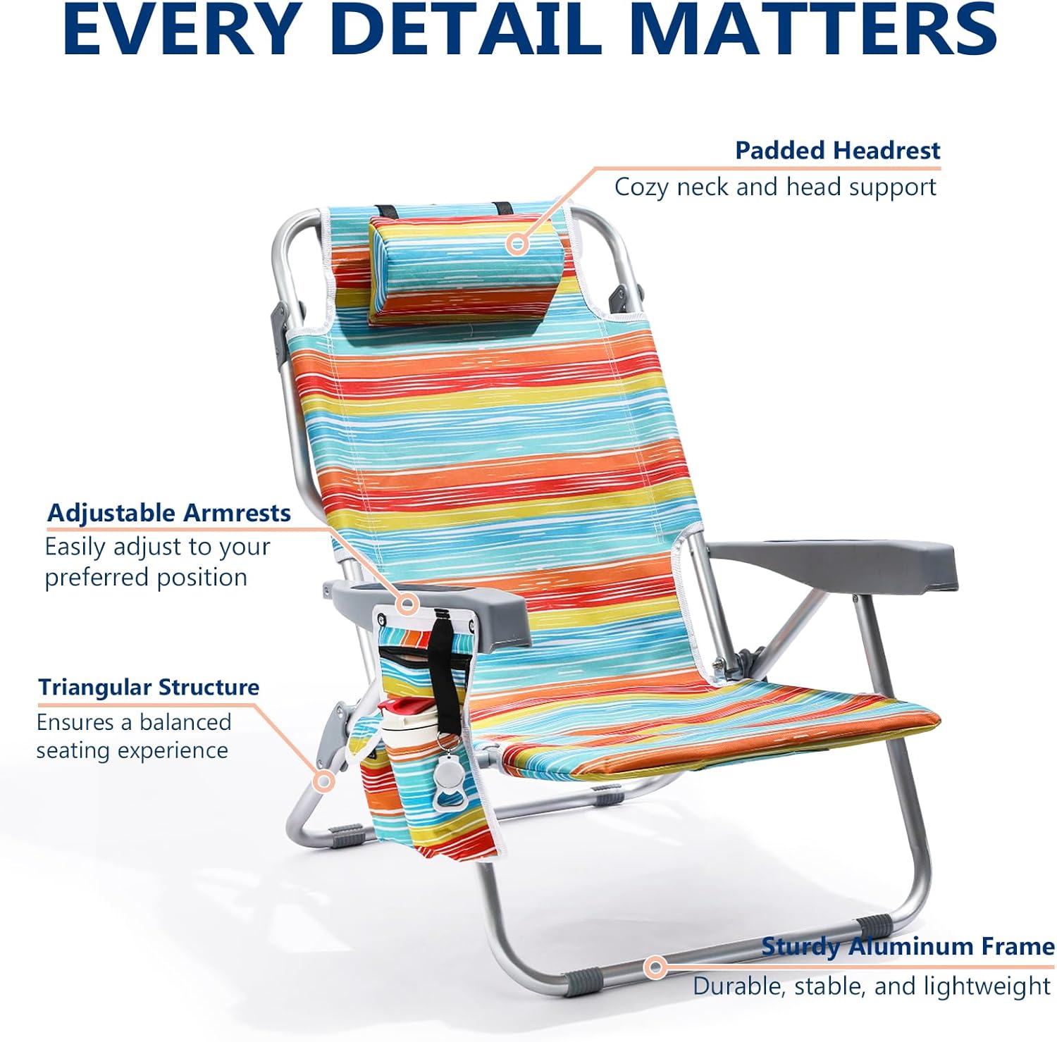 PASAMIC Backpack Beach Chairs for Adults 2 Pack Portable, Lay Flat Reclining Beach Chairs with 5 Positions, Tall Heavy Duty Folding Chair with Cup Holder, Cooler Pouch, Towel Bar, Multicolor Stripe