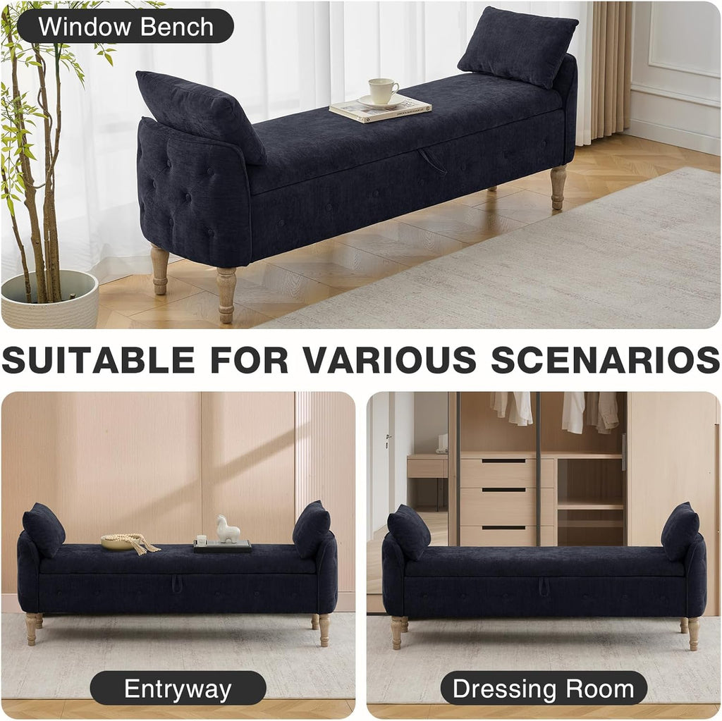 67'' King Size Storage Bench for Bedroom End of Bed,Linen Bedroom Bench with Storage for Foot of Bed,Upholstered Storage Ottoman Bench with Cushion and Wood Legs for Living Room Entryway Window,Black
