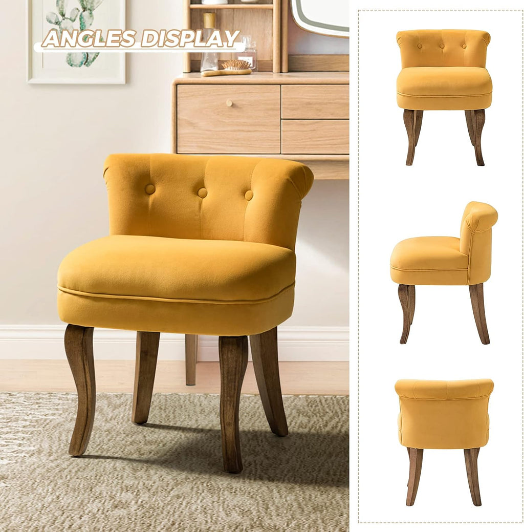 HULALA HOME Velvet Vanity Stool with Low Back, Mustard | Small Modern Vanity Chair with Solid Wood Legs for Women Girls, Bedroom, Dressing Table