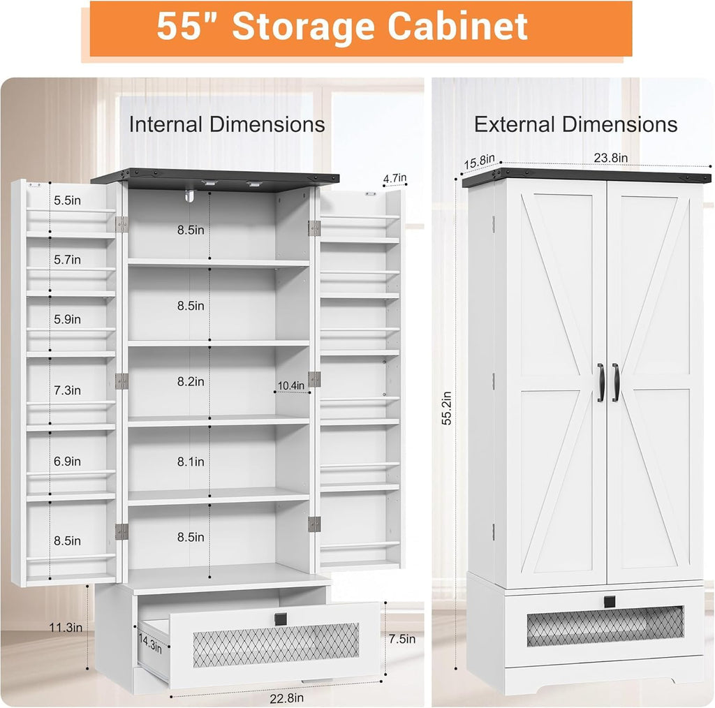 kepptory 55" Pantry Storage Cabinet with Adjustable Shelvesand Drawer, Buffet Cupboard for Kitchen