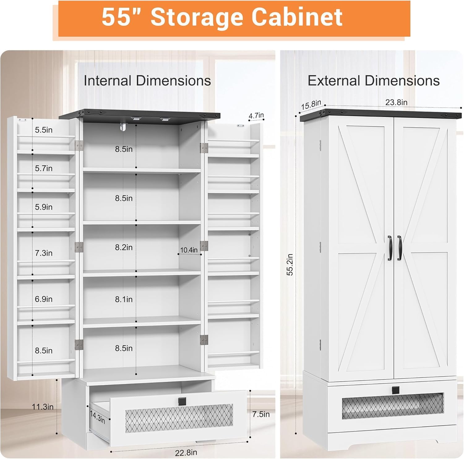 kepptory 55" Pantry Storage Cabinet with Adjustable Shelvesand Drawer, Buffet Cupboard for Kitchen
