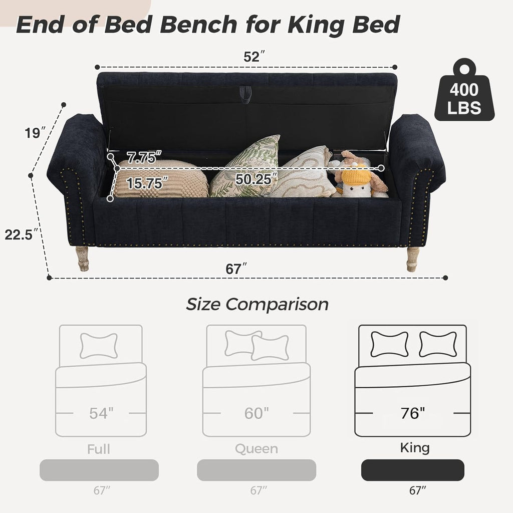 67" Storage Bench for Bedroom End of Bed King Size, Bedroom Bench with Storage for Foot of Bed, Upholstered Storage Benches with Nailhead Trim and Pillows, Linen Black