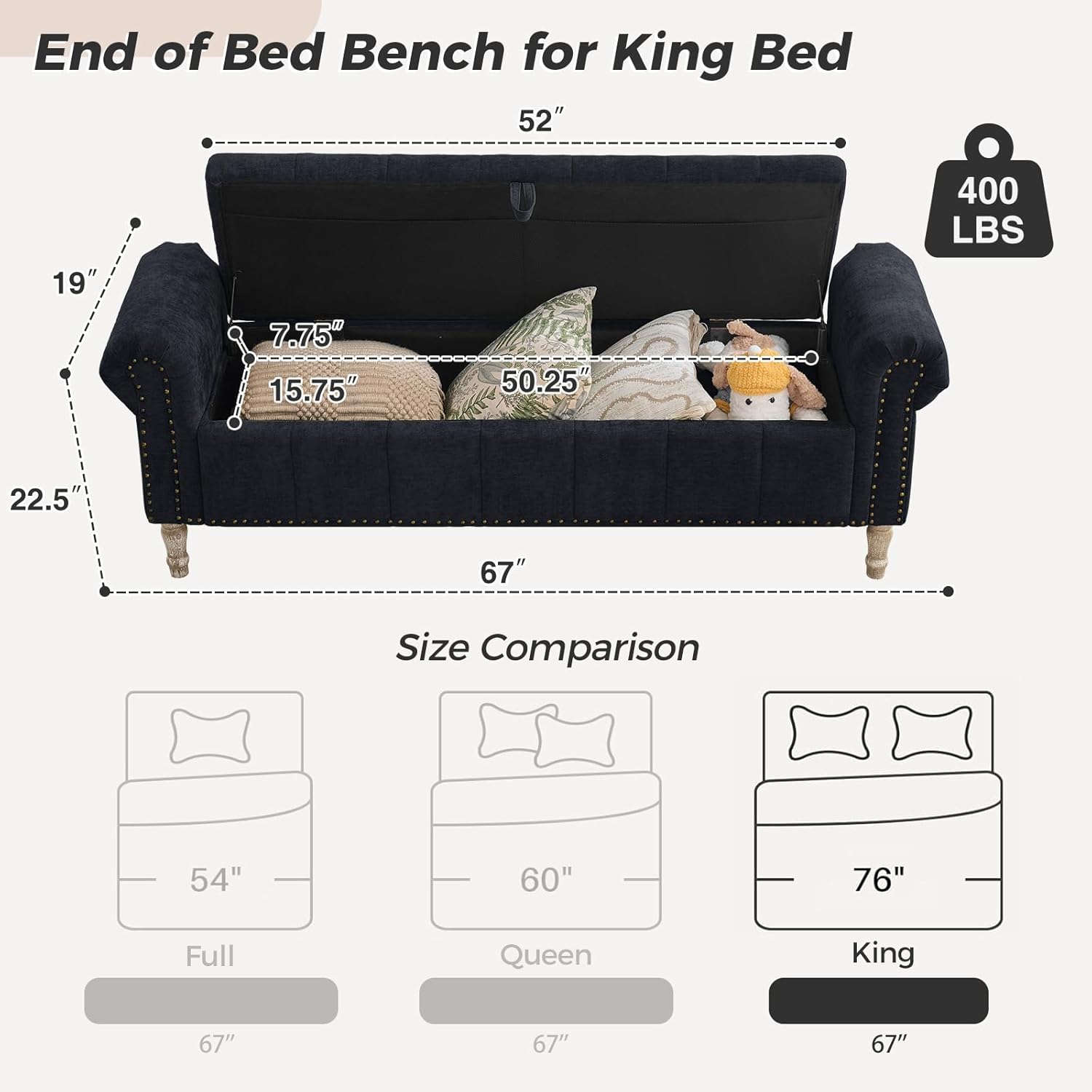 67" Storage Bench for Bedroom End of Bed King Size, Bedroom Bench with Storage for Foot of Bed, Upholstered Storage Benches with Nailhead Trim and Pillows, Linen Black