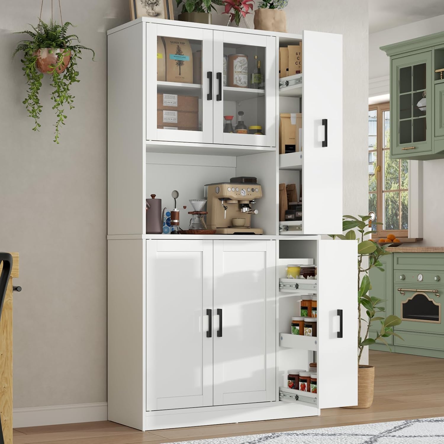 68" Kitchen Pantry Cabinet with Side Drawer, Kitchen Pantry Storage Cabinet | Tall White Pantry with Acrylic Door, Freestanding Food Hutch with Microwave Stand for Dining Room, Kitchen