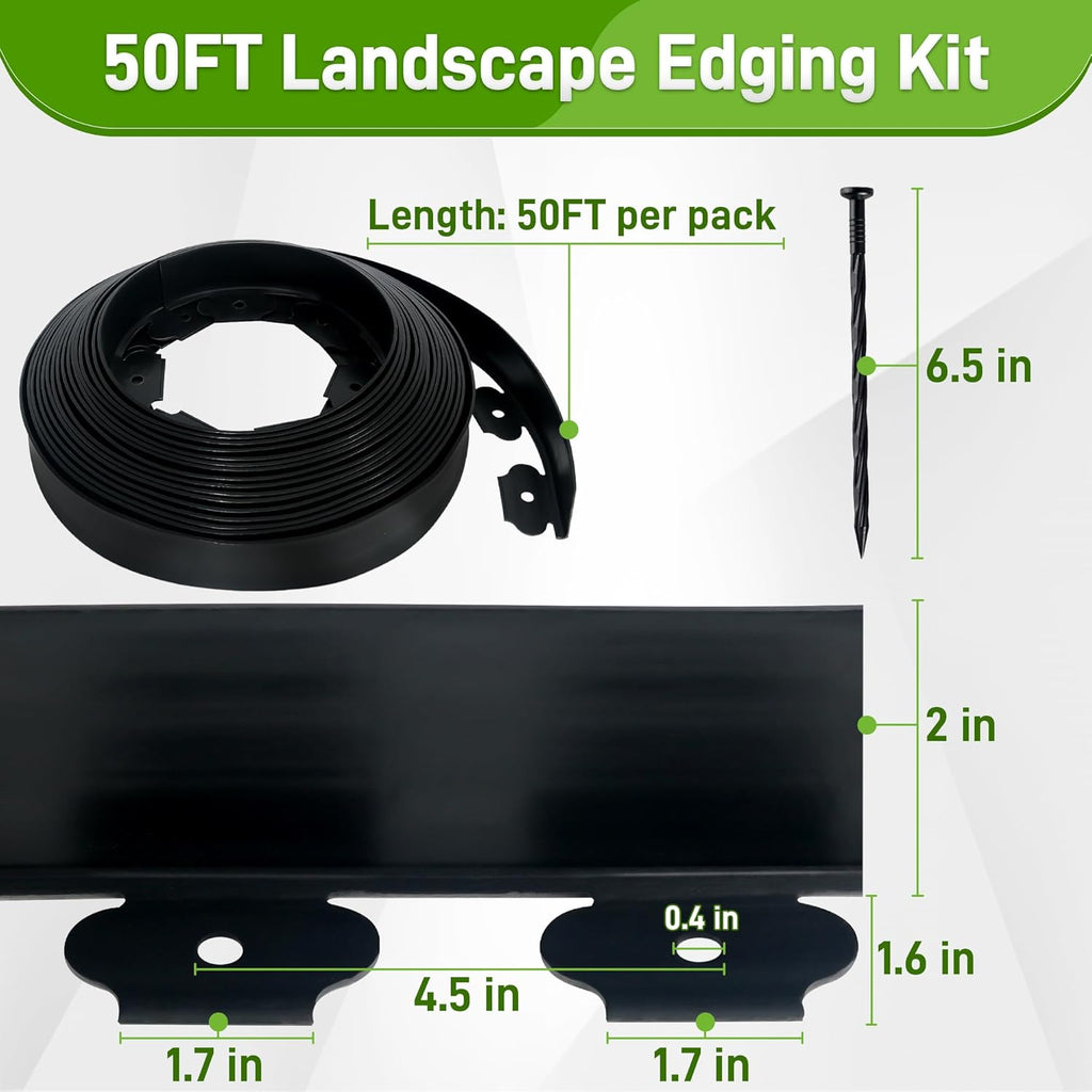 2 Inch x 50FT Landscape Edging Border with 45 Anchoring Spikes, No Dig Garden Border Edging Kit, Plastic Lawn Edging Border for Landscaping Garden Flower Beds Lawn Yard Paver Pathway, Black