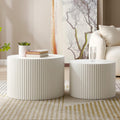 42.52'' White Round Nesting Coffee Table Set of 2 Modern Drum Side End Table for Living Room, Contemporary Wood Circle Embossed Design, No Assembly, White