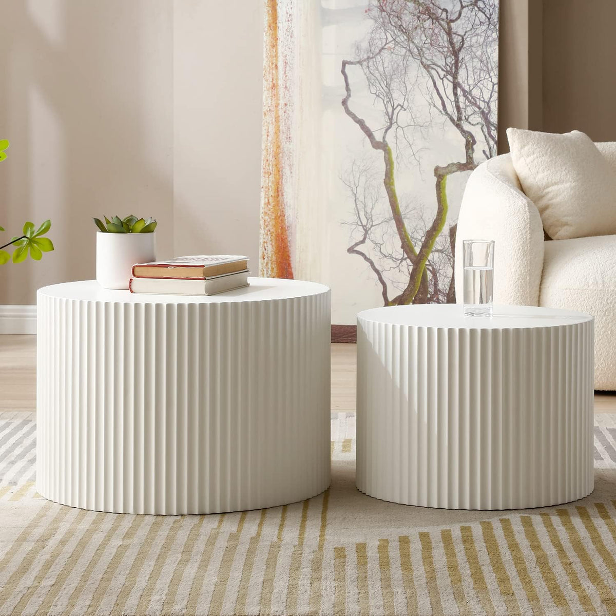 42.52'' White Round Nesting Coffee Table Set of 2 Modern Drum Side End Table for Living Room, Contemporary Wood Circle Embossed Design, No Assembly, White
