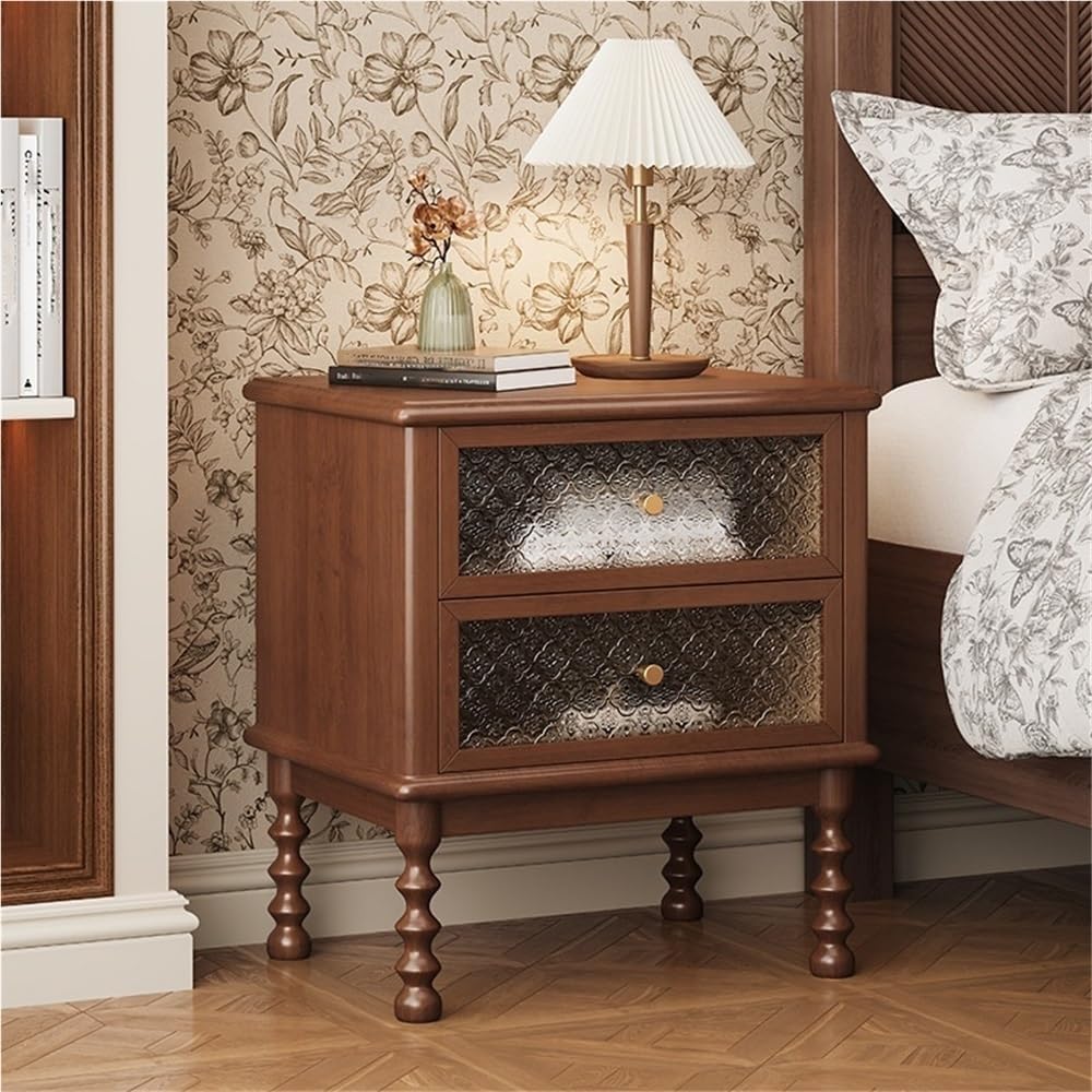 Vintage Wooden Nightstand Antique Bedside Table with 2 Floral Glass Drawers Mid-Century Modern Storage Cabinet End Table (Black)