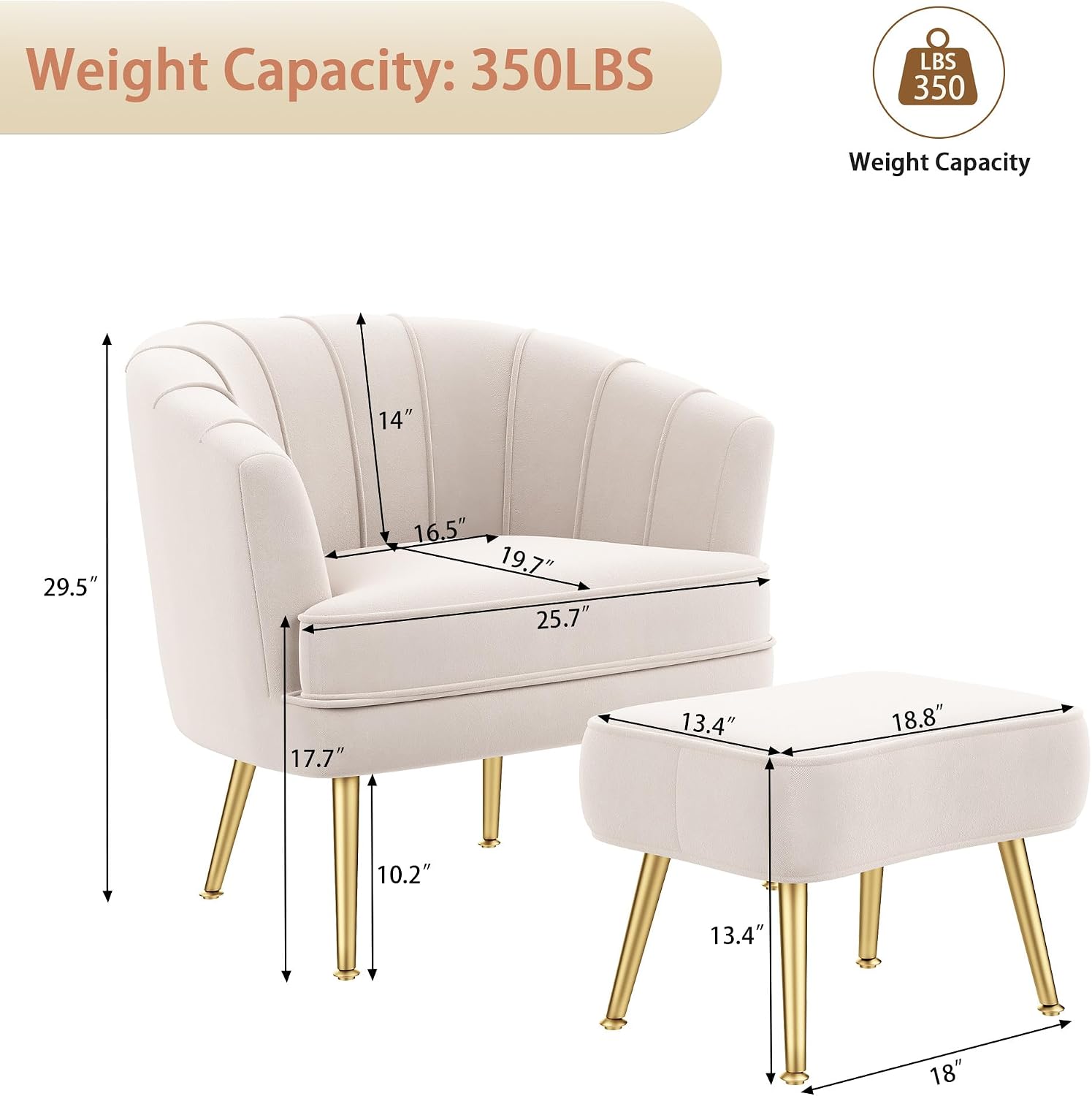Andeworld Velvet Accent Chair with Ottoman, Barrel Armchair, Beige | Velvet Upholstery Side Chair, Includes Ottoman, Golden Metal Legs, 350 Lb Capacity, Living Room Bedroom Office