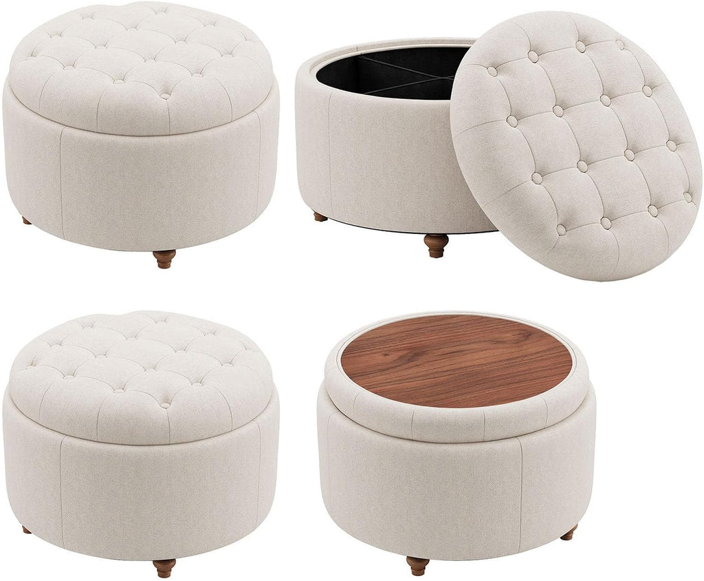 25" Round Ottoman with Storage, Small Coffee Table with Reversible Tray Lid | Tufted Fabric Round Storage Ottoman with Solid Wood Legs, 3-in-1 Footrest for Living Room, Bedroom, Entryway, Camel