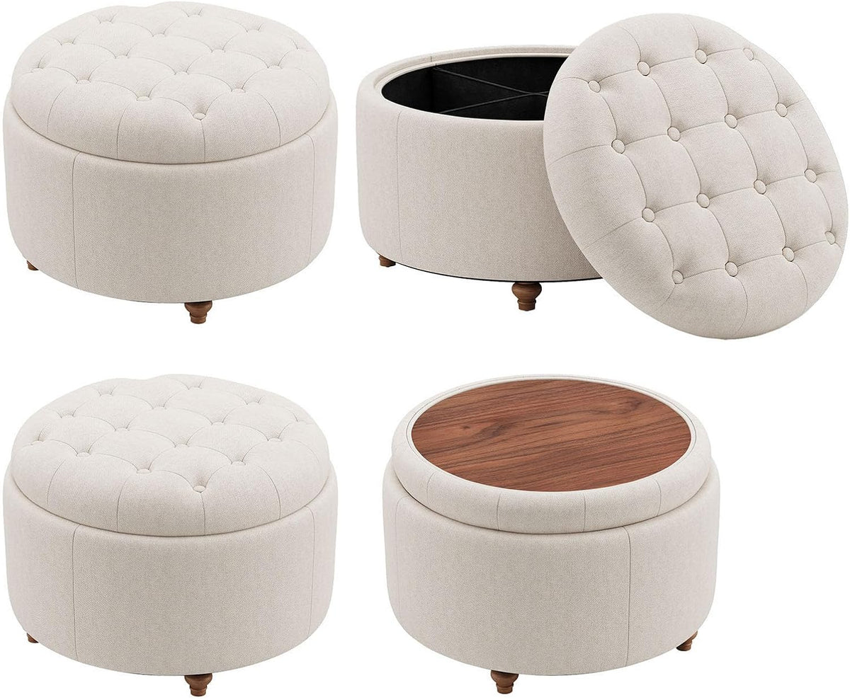 25" Round Ottoman with Storage, Small Coffee Table with Reversible Tray Lid | Tufted Fabric Round Storage Ottoman with Solid Wood Legs, 3-in-1 Footrest for Living Room, Bedroom, Entryway, Camel