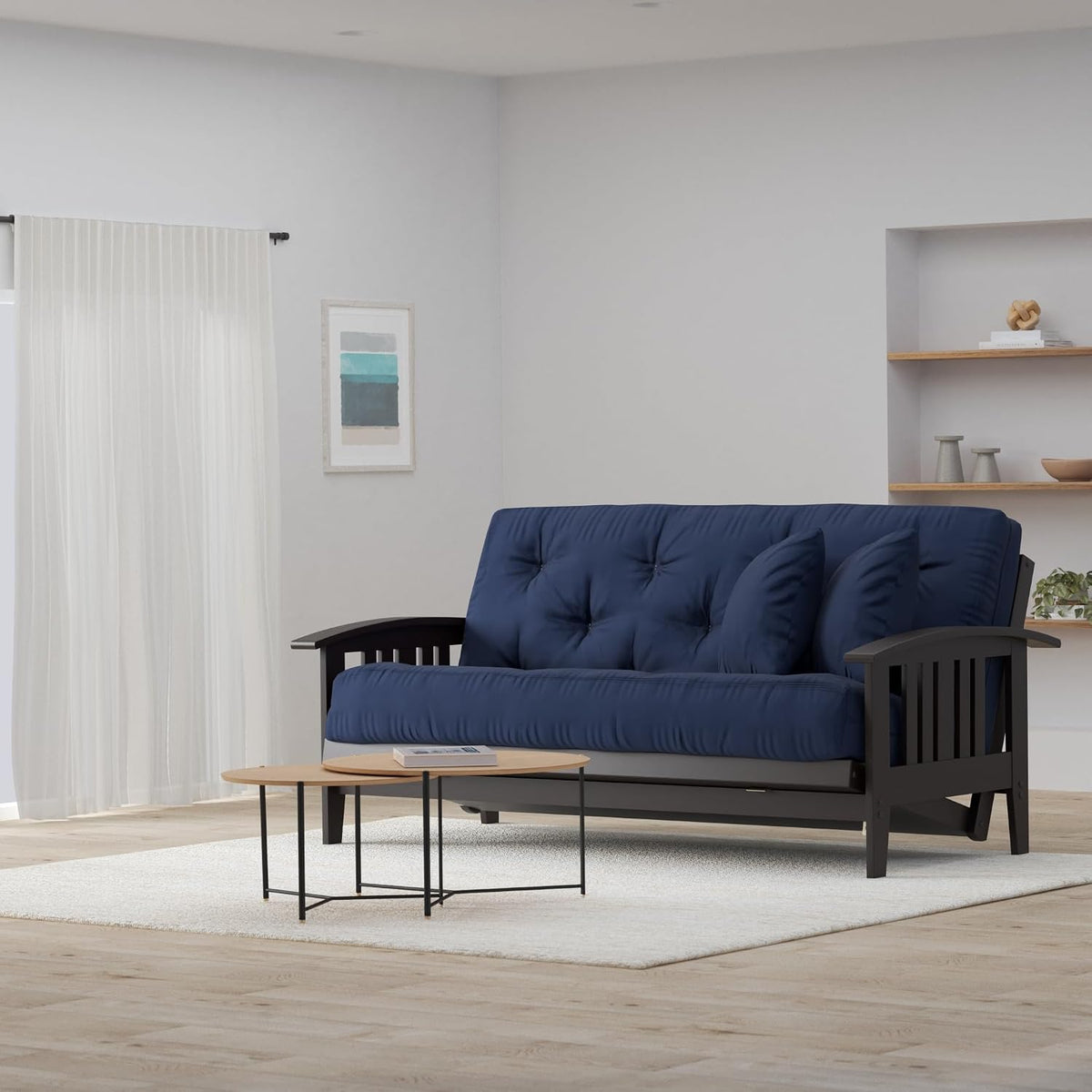 Nirvana Futons Westfield Complete Futon Set - Espresso Finish (Warm Black) – Large Queen Size, Mission Style Wood Futon Frame with Mattress Included (Twill Navy Blue), More Mattress Colors Available