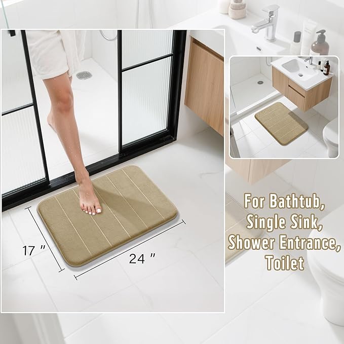 Yimobra Memory Foam Bath Mat, Super Soft Absorbent Bathroom Rug Non Slip 24x17 Inch, Quick Dry, Machine Washable Floor Carpet for Tub Shower, Home Decor Accessories, Pale Khaki