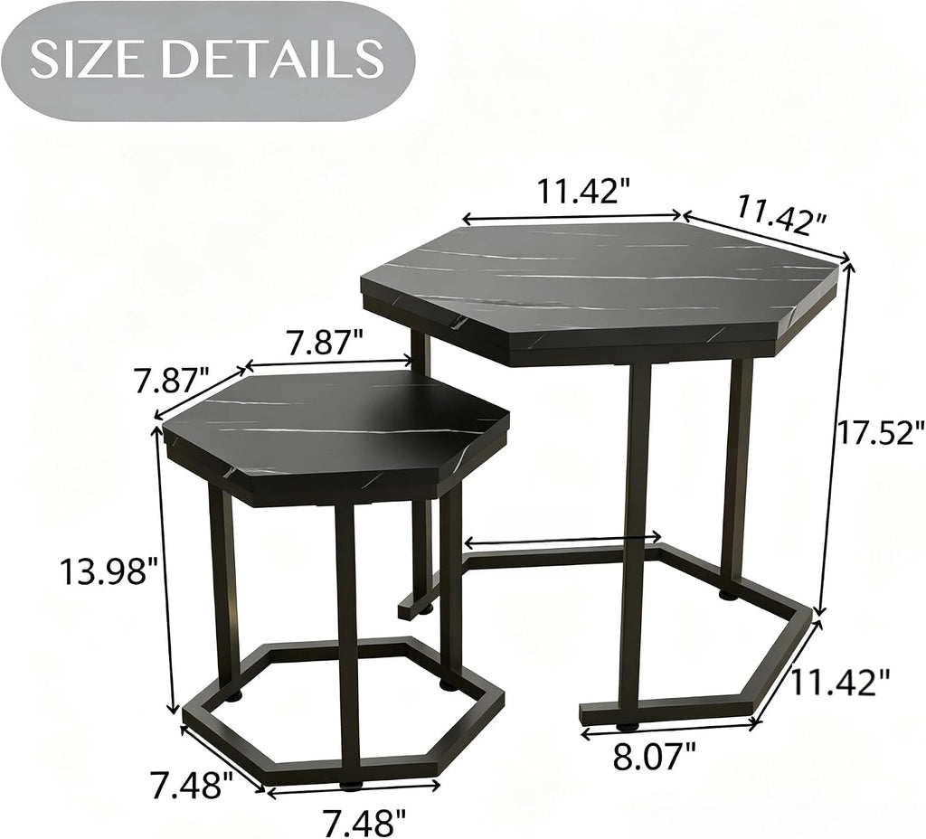 Hexagon Nesting Side Tables Set of 2, Black Marble | Space-saving hexagon nesting side tables set of 2, sturdy metal frame, waterproof MDF top, for living room bedroom