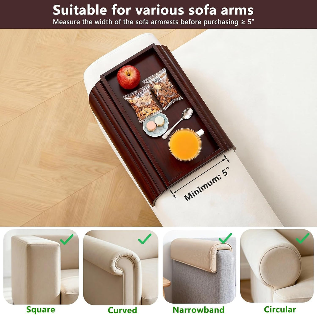 Bamboo Couch Arm Tray Table, Foldable Sofa Rest with Non-Slip Base Portable Armchair Cup Phone Holder for Drinks, Remote, Snacks Fits Most Recliners Couches, Easy-Clean Surface(Mahogany)