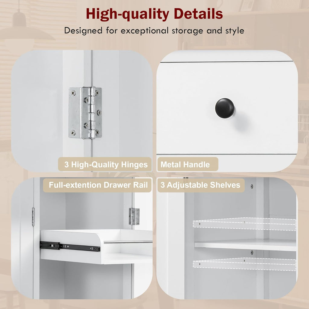 Farmhouse 74.8''H High Freestanding Kitchen Pantry,Large Cupboard Storage with Door Shelves,Adjustable Shelves, Pull-Out Trays and Drawers (White-A)