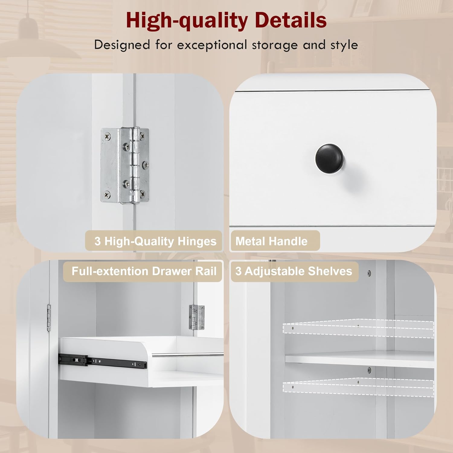 Farmhouse 74.8''H High Freestanding Kitchen Pantry,Large Cupboard Storage with Door Shelves,Adjustable Shelves, Pull-Out Trays and Drawers (White-A)