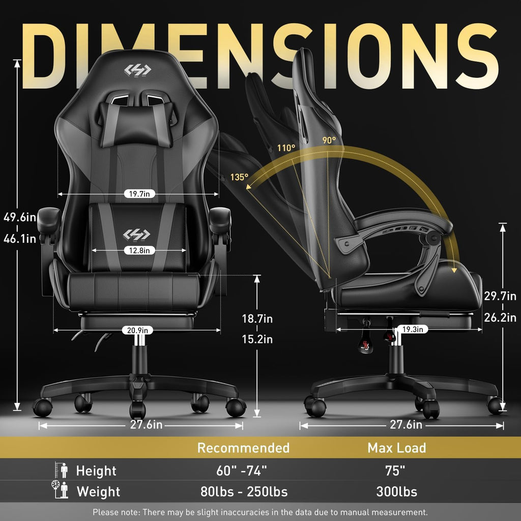 HLDIRECT Gaming Chair with Footrest, Lumbar Support & Headrest, Black&Grey | Ergonomic, 90°-135° recline, adjustable height & 360° swivel, PU leather and 45D foam, for adult gaming, work & relaxing