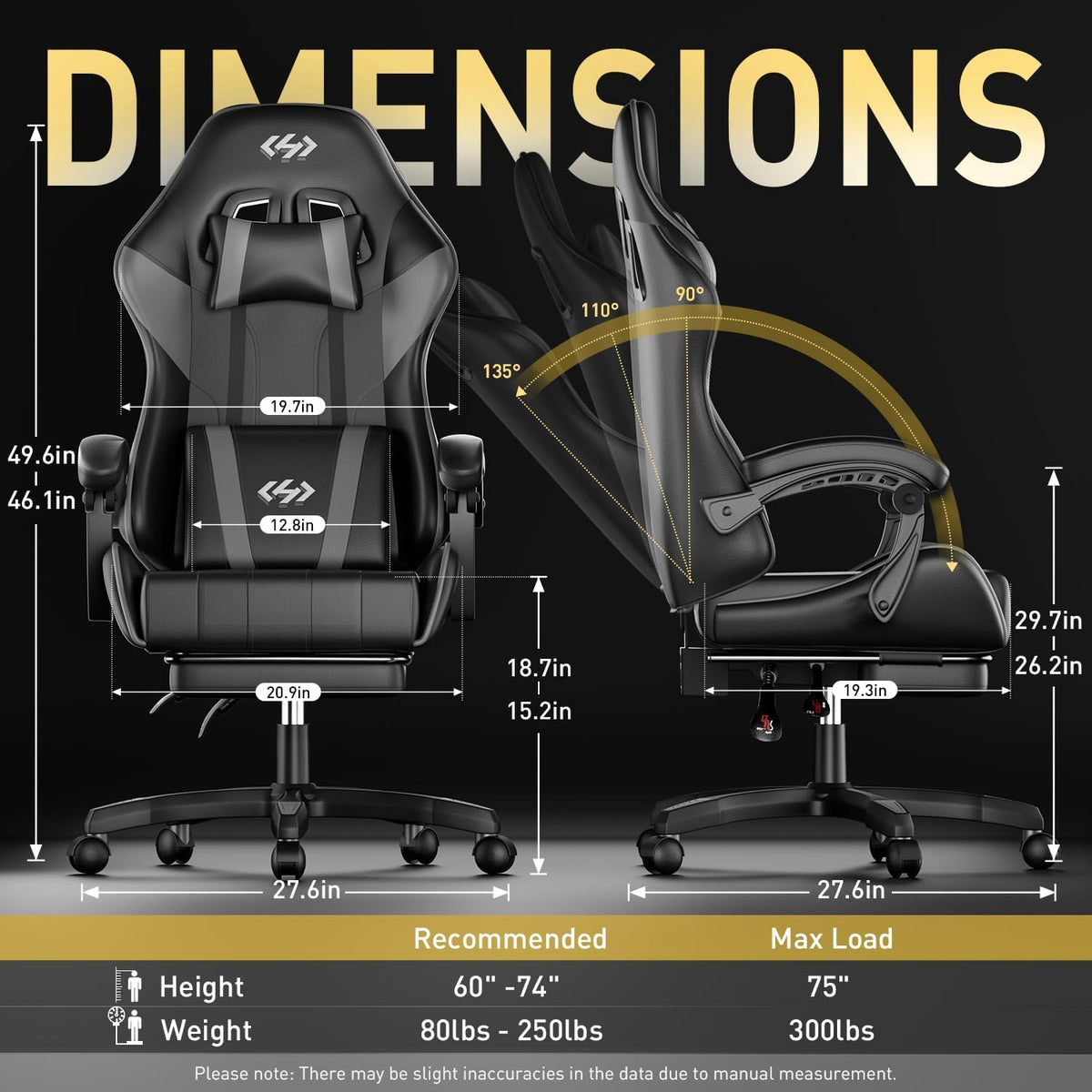 HLDIRECT Gaming Chair with Footrest, Lumbar Support & Headrest, Black&Grey | Ergonomic, 90°-135° recline, adjustable height & 360° swivel, PU leather and 45D foam, for adult gaming, work & relaxing