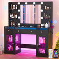 Vanity Desk W/6000-Colors Light&Power Outlet,Makeup Vanity Desk W/LED Mirror and Lights 3 Colors,Transparent GlassTop W/3 RGB Drawers,Hair Tool Holder,2 Large Tempered Cabinets for Bedroom(Black 2)