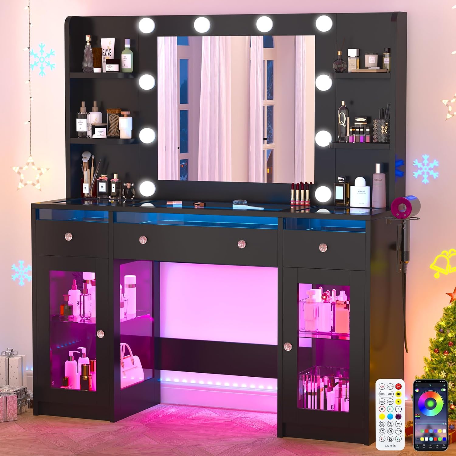 Vanity Desk W/6000-Colors Light&Power Outlet,Makeup Vanity Desk W/LED Mirror and Lights 3 Colors,Transparent GlassTop W/3 RGB Drawers,Hair Tool Holder,2 Large Tempered Cabinets for Bedroom(Black 2)