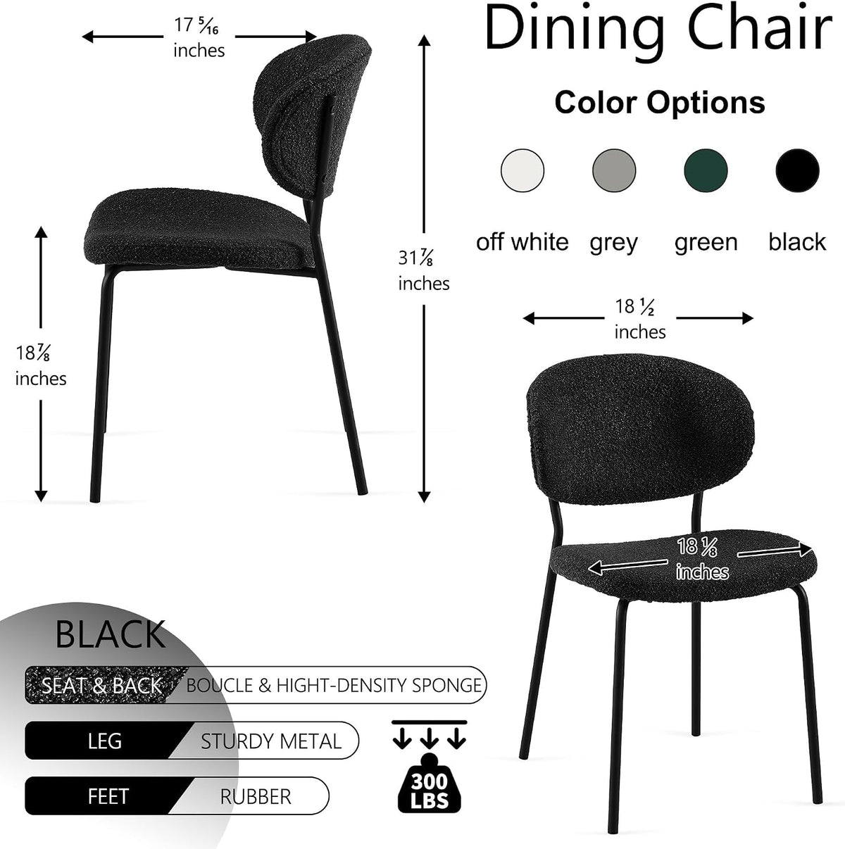 Homedot Modern Kitchen Dining Chairs Black Set of 4, Upholstered Boucle Round Bedroom Reception Side Chairs with Ergonomic Backrest for Apartment, Dining Room, Living Room, Dining Hall