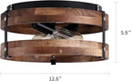 2-Light Rustic Flush Mount Light Fixture Oak Wood Round Drum Semi Flush Mount Ceiling Light for Hallway Bedroom Kitchen Entryway Farmhouse, Black