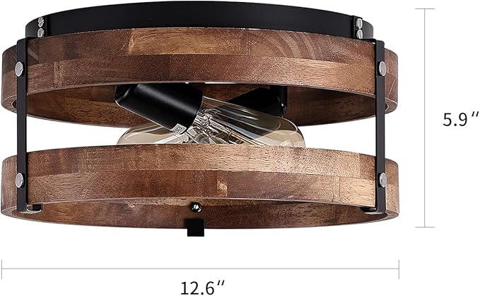 2-Light Rustic Flush Mount Light Fixture Oak Wood Round Drum Semi Flush Mount Ceiling Light for Hallway Bedroom Kitchen Entryway Farmhouse, Black