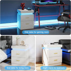 Night Stand Set of 2, 18'' LED Nightstand with Charging Station, Modern Wooden Bedside Table with Hidden Drawer, Sliding Top & 2 Drawers, White End Side Table for Bedroom Living Room