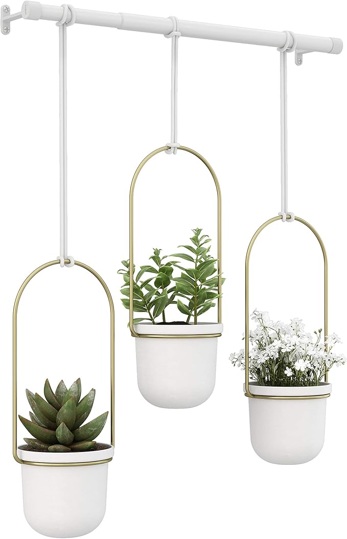 Umbra Triflora Hanging Planter for Window, Indoor Herb Garden, Set of 3, White/Brass